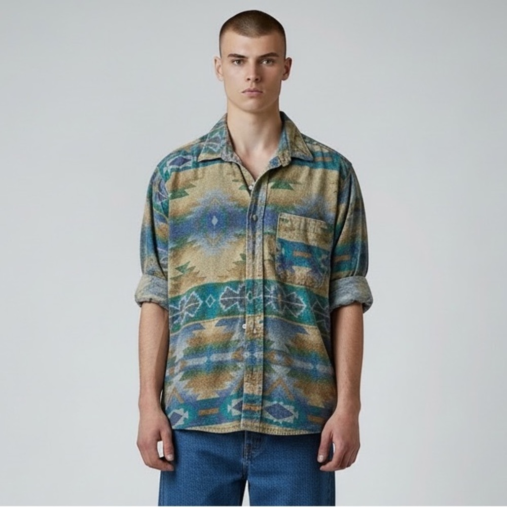 Vintage Men’s Multicolor Southwest Patterned Cotton Button Down Shirt